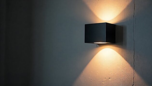Modern black wall sconce emits soft light on a textured gray wall, creating a cozy, stylish ambiance with gentle upward and downward illumination, created with generative ai