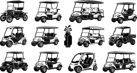 Golf cart illustrations set, electric resort and utility vehicles, leisure transportation icons, golf course buggies, black and white vector collection © Aiyan