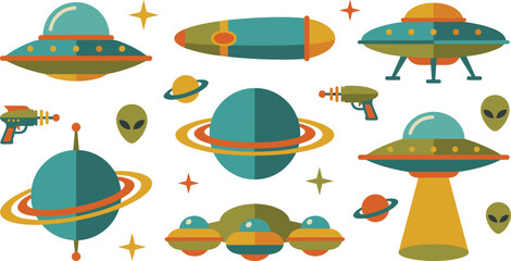 Retro UFO and alien space illustration set, flying saucer spaceships planets ray guns and sci fi cosmic elements collection © Aiyan