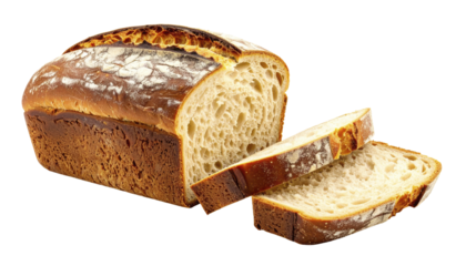 Whole white bread loaf with cut slices isolated on transparent background. Rustic bakery product for sandwich ads, branding, menu design and packaging mockups.