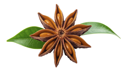 Single star anise pod with green leaves isolated on transparent background. Fresh herbal spice concept for tea, aromatherapy, organic branding and culinary packaging.