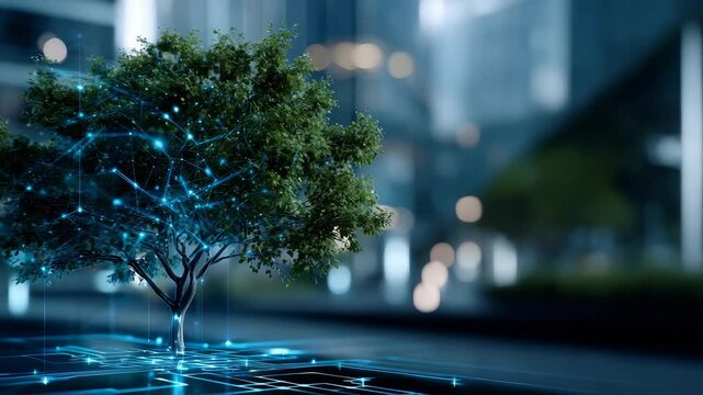 A vibrant green tree stands in a futuristic cityscape, illuminated by glowing digital network lines. The scene symbolizes the intersection of nature and advanced technology in urban environments