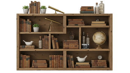 Rustic wooden bookshelf filled with decorative items and vintage books isolated on white background
