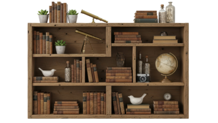 Rustic wooden bookshelf filled with decorative items and vintage books isolated on white background