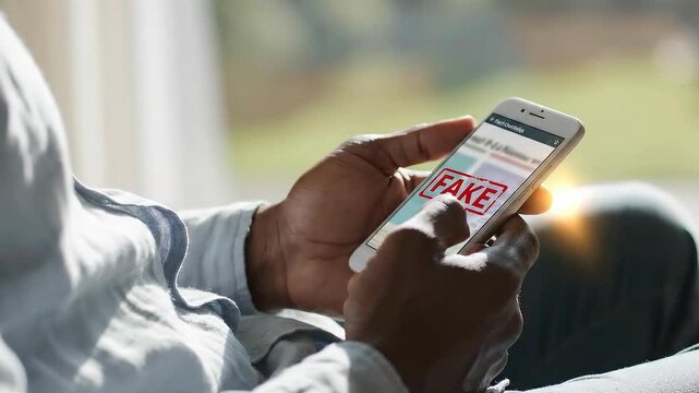 Person Holding Smartphone Displaying the Word Fake.