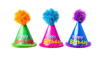 Happy birthday party hats with colorful pompon on the top on transparent background
