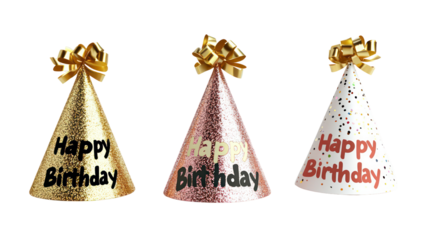 Happy birthday party hats with glitters and golden ribbons on transparent background