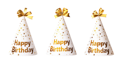 Happy birthday party hats with glitters and golden ribbons on transparent background