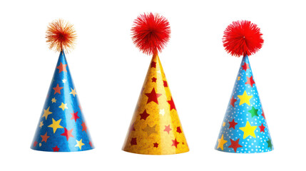 Vibrant red golden and blue party hats adorned with colorful confetti on transparent background