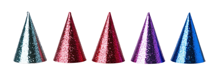Different color shiny party hats on transparent background