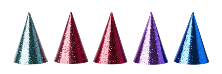 Different color shiny party hats on transparent background