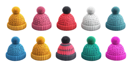 Vibrant colorful knitted winter hats collection 3D render on transparent background