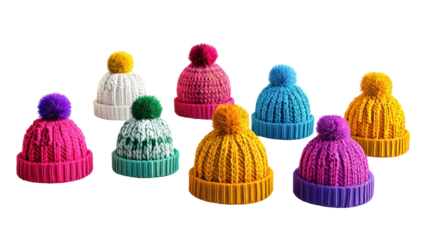 Vibrant colorful knitted winter hats collection 3D render on transparent background