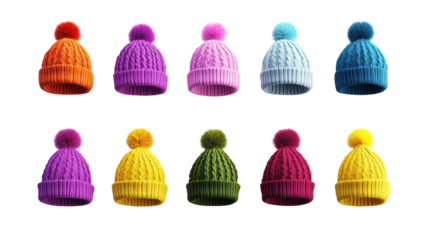 Vibrant colorful knitted winter hats collection 3D render on transparent background