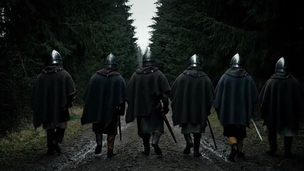 Six medieval warriors marching through a dense, muddy forest path, captured in a dramatic, cinematic rear view, creating a dark and somber mood.