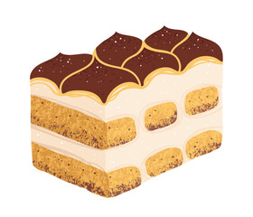 Tiramisu dessert slice with cocoa and cream, hand drawn texture illustration. Sweet holiday Italian dessert art. Vector hand drawn cartoon Tiramisu design for menu, signboard, showcases print, poster