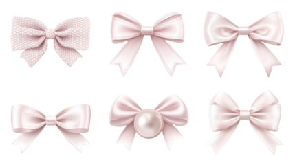 Collection of decorative bows made from white pearls arranged on transparent background