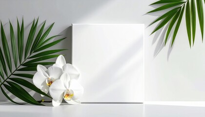 Blank canvas centered, flanked by orchids and tropical leaves against white backdrop