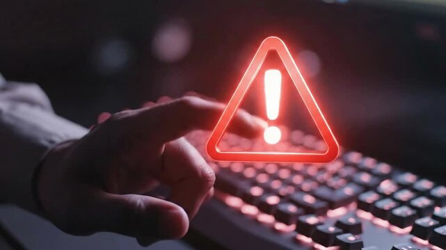 Cybersecurity warning alert on computer keyboard with glowing red exclamation mark.