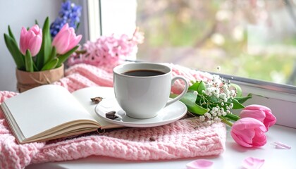 Cozy Easter, spring still life scene. Cup of coffee, opened notebook, pink knitted plaid on windowsill.