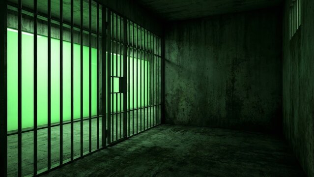 Interior prison cell with bars and green light
