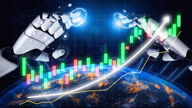 Stunning digital illustration of robotic hands engaging with stock market charts, symbolizing the fusion of advanced technology and global finance in the modern economy. Copula - Powered by Adobe