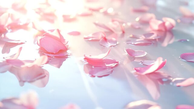 暖かな光に照らされた水面に浮かぶピンク色の花びら