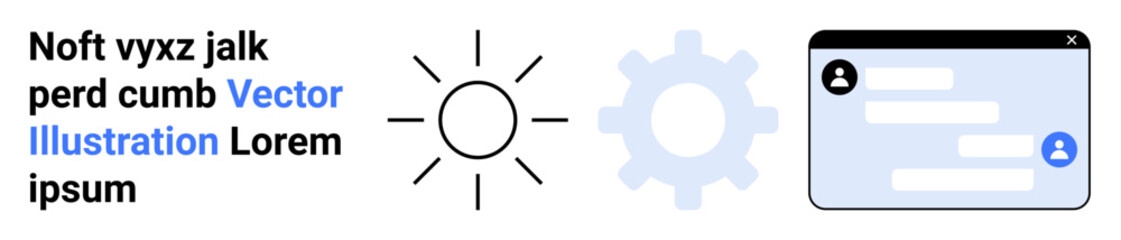 Obraz premium Technology, user interface design, communication, programming, app development, settings configuration. A sun symbol, gear icon and chat window interface. Technology and user interface design