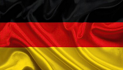 Waving, tri-colored flag with black, red, and gold horizontal stripes