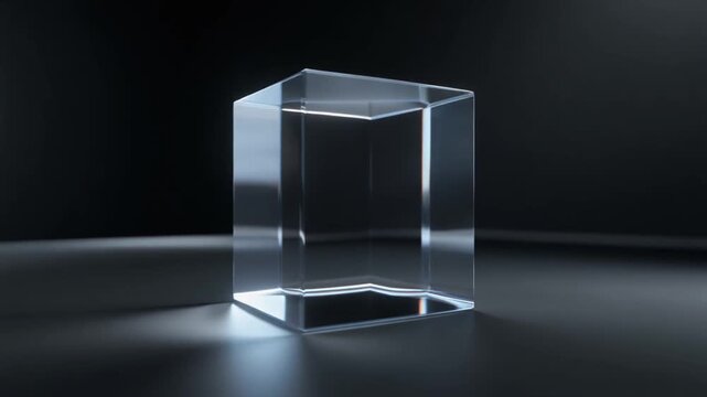 transparent empty glass cube with soft lighting rotating on dark room