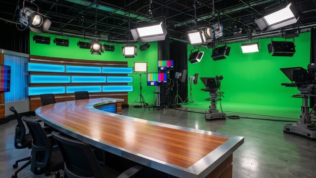 Modern television studio with chroma key green screen and broadcast equipment