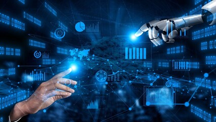 A captivating illustration showcasing the interaction between human and robotic hands in a digital space filled with data visuals, symbolizing technological progress and collaboration. Xenic