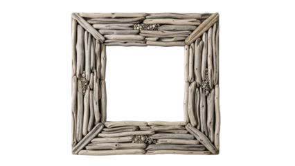 Rustic wooden mirror frame made of driftwood for coastal decor isolated on white background