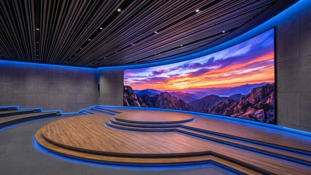 Modern media studio with large display showing mountain landscape