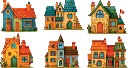 Fototapeta premium Cute Colorful Fairy Tale Houses Set, European Village Homes, Cartoon Architecture Vector
