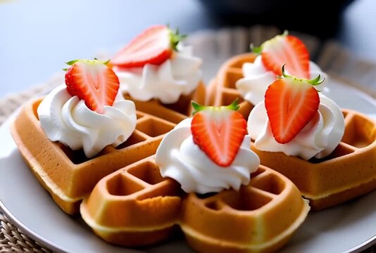 Fresh heartshaped waffles with whipped cream and strawberries on a plate