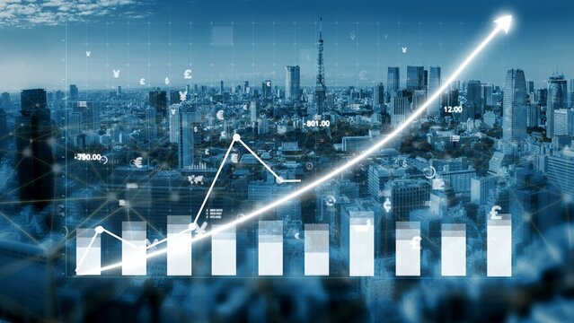 A captivating view of a modern city skyline combined with a financial growth chart representing data analysis, business strategy, and urban technology advancements. Copula - Powered by Adobe