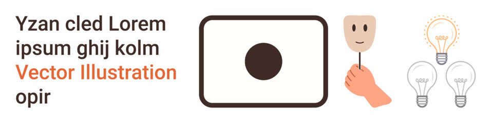 Identity protection, creativity, innovation, minimalism, branding, design concepts. A face mask, light bulbs and abstract shapes are visible. Identity protection and creativity concepts highlighted © robu_s