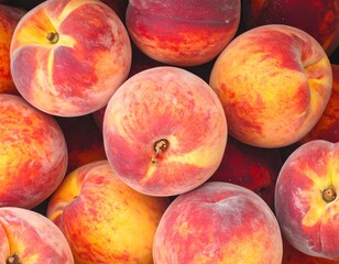 Overhead close-up of several ripe peaches, showing a variety of colors and textures from red to yellow. The fruits are tightly packed
