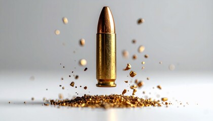A bullet poised mid-air above scattered golden debris, set against a blurred neutral background