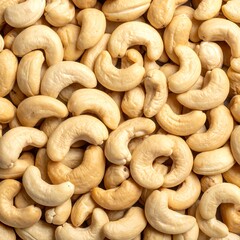 Overhead close-up of many raw, shelled nuts. They are a light, creamy color, filling the frame