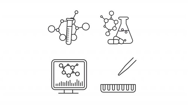 Animated bioengineering research line icons. Processing biomaterial data animation set. Medicine development. Genetic tests. Outline elements on white background. HD video with alpha channel