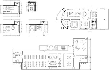 2D Drawing Office Floor Plan with Furniture Layout, Workspace, Meeting Room, Restroom, and Storage Area Designs