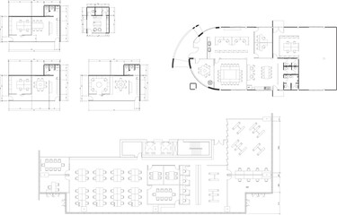 2D Drawing Office Floor Plan with Furniture Layout, Workspace, Meeting Room, Restroom, and Storage Area Designs