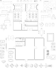 Office Floor Plan Drawing with Furniture Layout, Drafting Equipment, and Architectural Title Block Frame