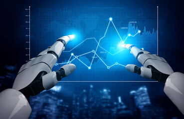 A pair of robotic hands interacts with glowing blue graphs and data lines, illustrating the fusion of technology and artificial intelligence in modern analytics. Scalp