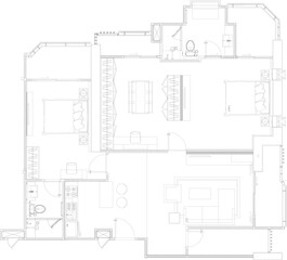 Condominium Interior Design with Bedroom, Walk-in Closet, Living Area, and Kitchen Layout for Residential Living