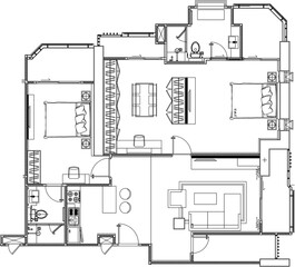 Condominium Interior Design with Bedroom, Walk-in Closet, Living Area, and Kitchen Layout for Residential Living
