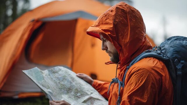 A male hiker wearing an orange raincoat and backpack examines a map beside his tent in a wooded campsite. The image captures the essence of exploration, travel, and outdoor survival skills