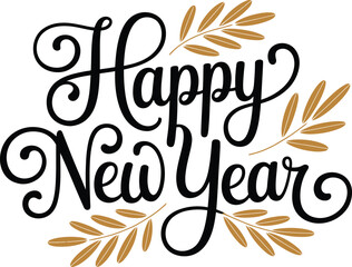 Happy New Year calligraphy with gold olive branches